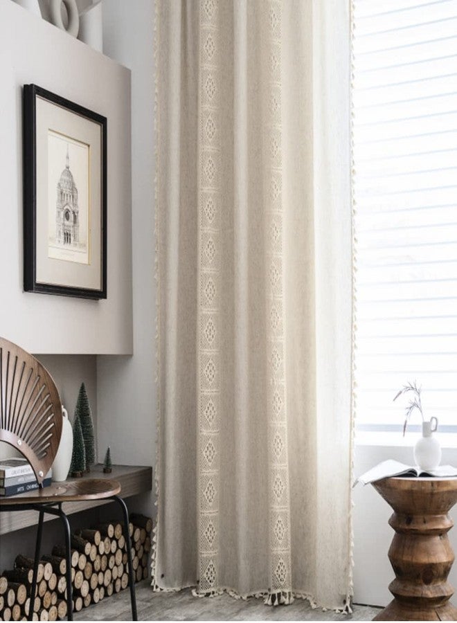 AMZALI Boho Curtains with Tassel Handmade Semi-Blackout Drapes Lace Patchwork Crochet Farmhouse Window Curtain Panels Rod Pocket Curtain for Living Room Bedroom 1 Panel 59" W x 63" L, Beige - Image 2